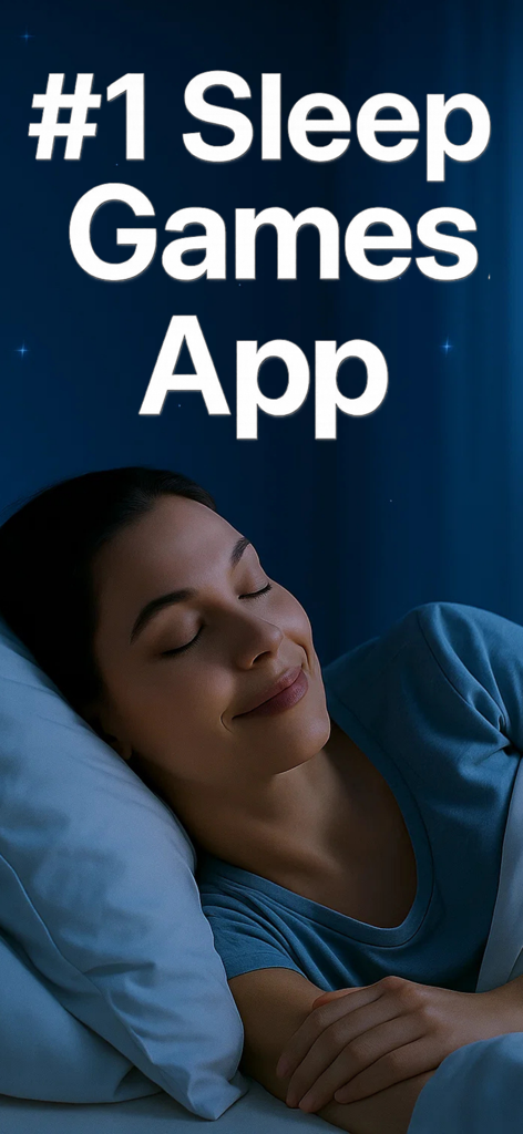 A peaceful woman sleeping with text indicating it is the number one sleep games app