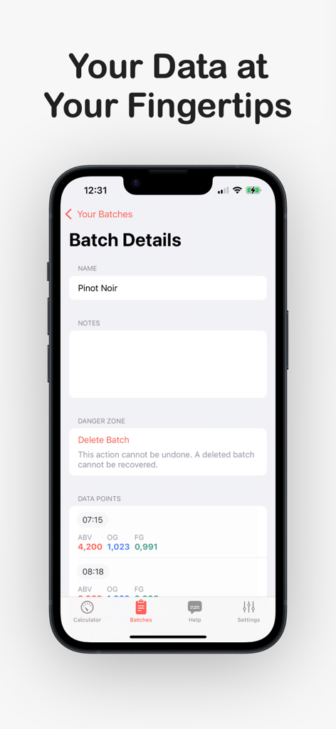 Calculate Alcohol by Volume - Mobile app interface showing homebrew batch tracking with gravity readings and ABV calculation