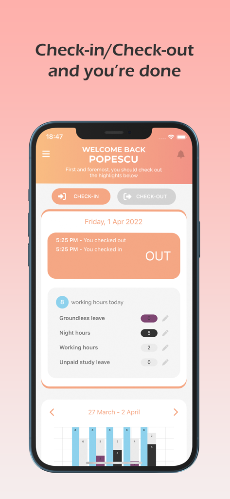 colorful.hr - Interface of the colorful.hr mobile app displaying check-in and check-out functionality and daily work hour tracking.