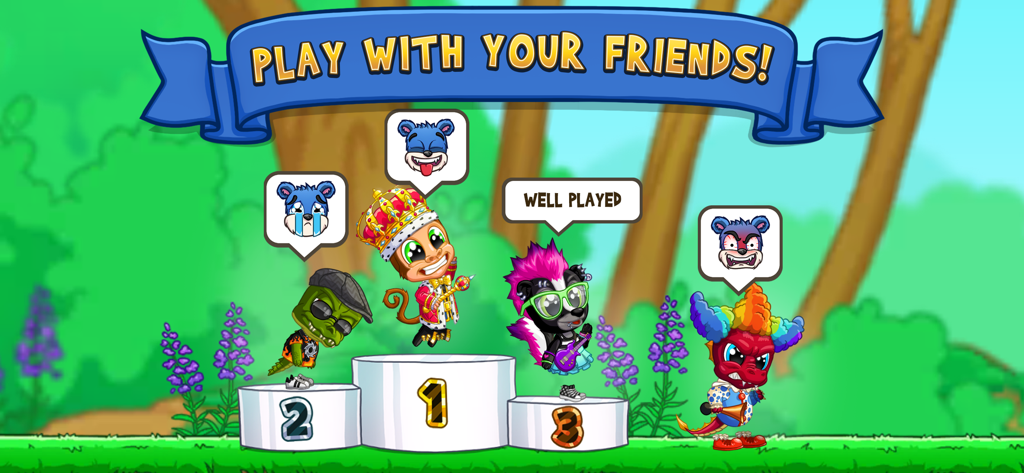 Four customized animal characters standing on a victory podium with social chat bubbles in Fun Run 3