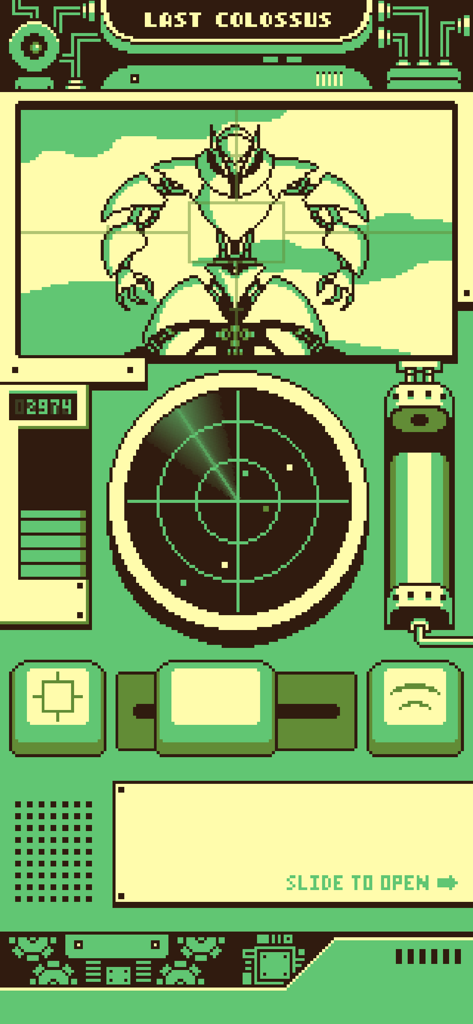 Last Colossus - Retro pixel art mecha cockpit interface with radar and giant robot on screen