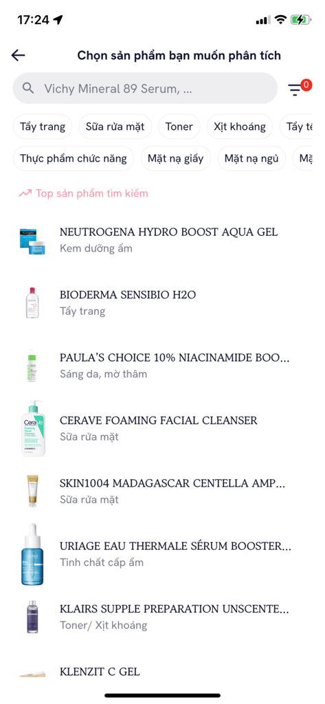 A search screen in the Skindex AI app displaying a catalog of popular skincare products like CeraVe and Neutrogena for user analysis.