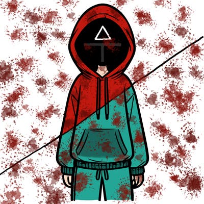 faceless girl in a tracksuit with a hood on and no hair