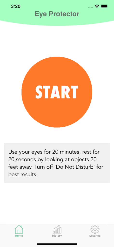 Home screen of Eye Protector app showing a large orange start button and eye rest instructions for the 20-20-20 rule.