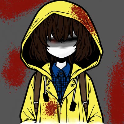 little anime girl in a raincoat her hair is covering her eyes she has a lighter