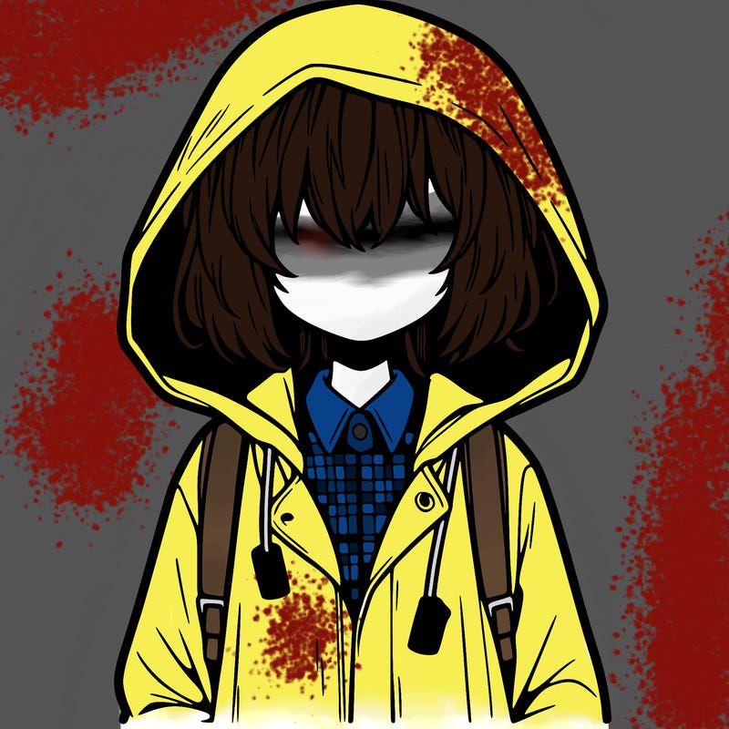 little anime girl in a raincoat her hair is covering her eyes she has a lighter