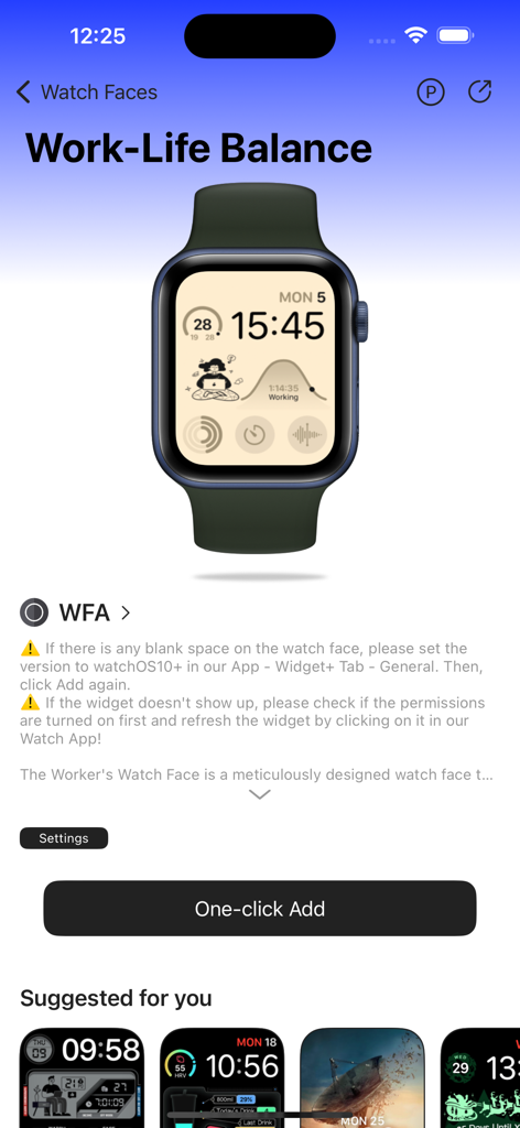生産性ウィジェットとワンクリック追加ボタンを備えたワークライフバランスをテーマにしたApple Watchフェイスを表示するWalbumアプリインターフェース