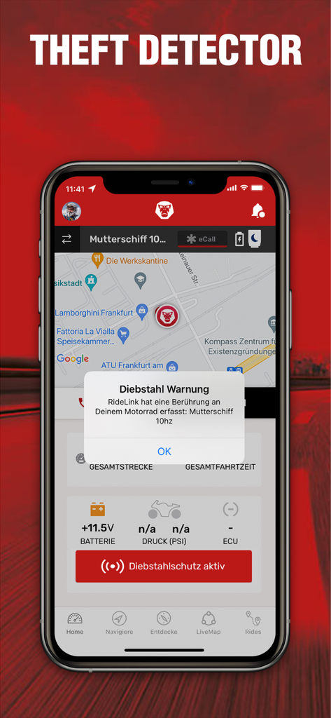 Interfaz de la aplicación RideLink Connect mostrando una advertencia de robo de motocicleta en un mapa