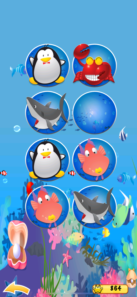 Penguin Pairs for Kids - A memory matching game for kids featuring colorful sea animals like penguins sharks and crabs in an underwater aquarium theme