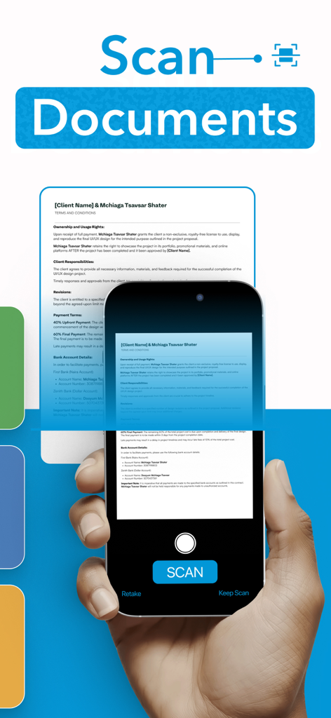 Smart Printer App for HP * - Una persona che utilizza un iPhone per scansionare un documento fisico con l'App Stampante Smart