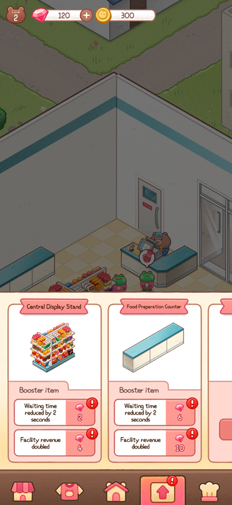Store facility upgrade menu in the Gomdol CEO mobile game showing booster items for revenue and efficiency