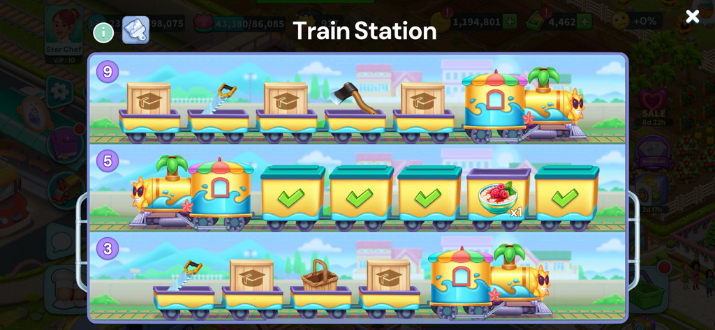 Train station management interface in Star Chef 2 featuring colorful trains loaded with crates and ingredients