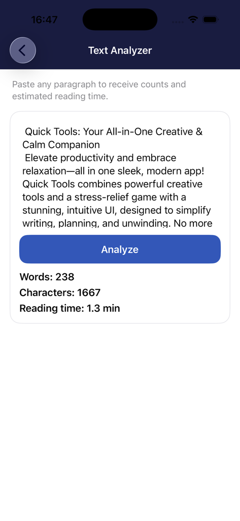 Quick Tools: Daily Life - Interface of the Text Analyzer tool in the Quick Tools app showing word count and reading time statistics