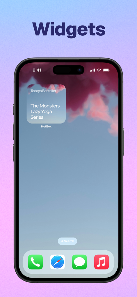 일일 베스트셀러 Labubu 피규어 시리즈가 있는 HotBox 앱 위젯을 보여주는 iPhone 홈 화면.
