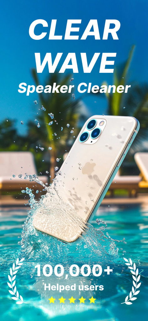 Un smartphone cayendo en una piscina, ilustrando la aplicación Clear Wave de expulsión de agua y limpieza de altavoces