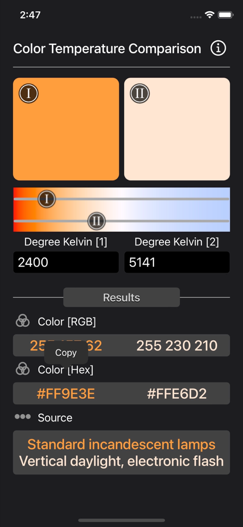 Interface do aplicativo Comparação de Temperatura de Cor mostrando comparações Kelvin lado a lado com valores RGB e HEX.
