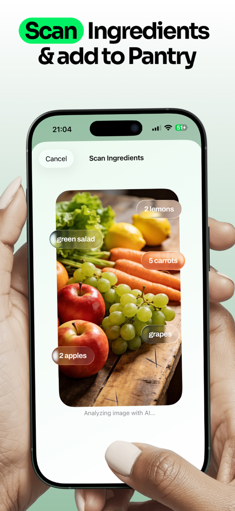 Una pantalla móvil que muestra la aplicación Vule usando IA para escanear e identificar frutas y verduras frescas para una despensa digital.