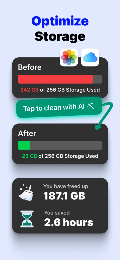 Clean Master app screenshot showing before and after AI storage optimization results