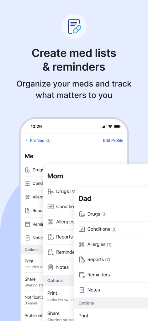 Drugs.com Medication Guide - App screen showing how to organize medication lists and health reminders for multiple family members