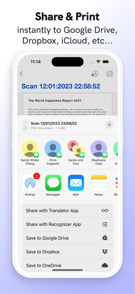 DocSignアプリのインターフェースで、PDF文書をさまざまなクラウドサービスやアプリに共有および印刷するオプションが表示されている
