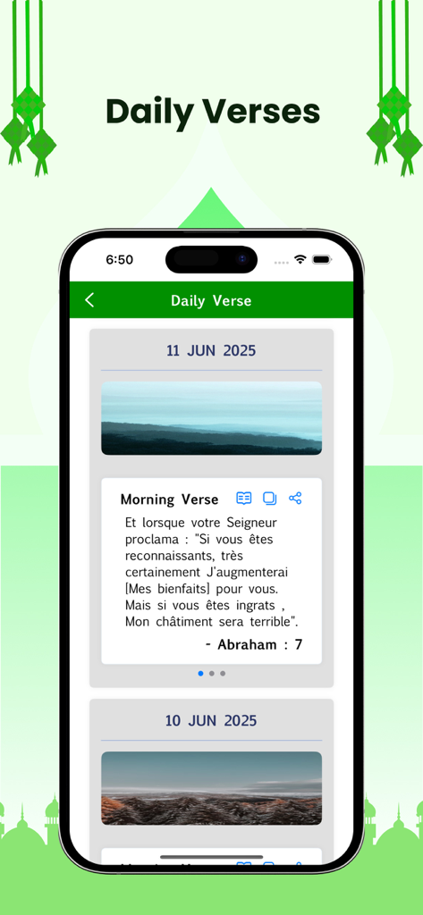 ‎Le Coran en Français - フランス語の聖句を表示する、フランス語版コーランアプリの「毎日の聖句」機能を示すスマートフォンの画面