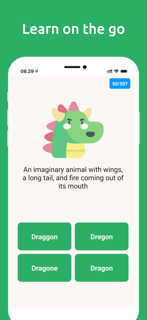 English word spelling quiz interface with a multiple choice question and dragon illustration