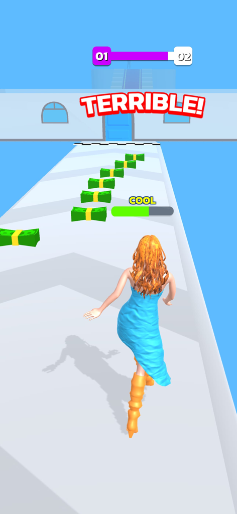 Date Run: Dress Up & Makeup - Date Runゲームで現金の山を集めるために走っている青いドレスのキャラクター。