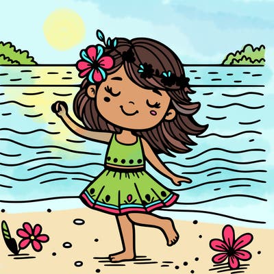 girl dancing the beach next to the ocean with a flower in her hair