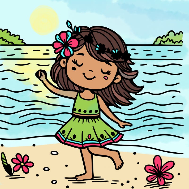 girl dancing the beach next to the ocean with a flower in her hair