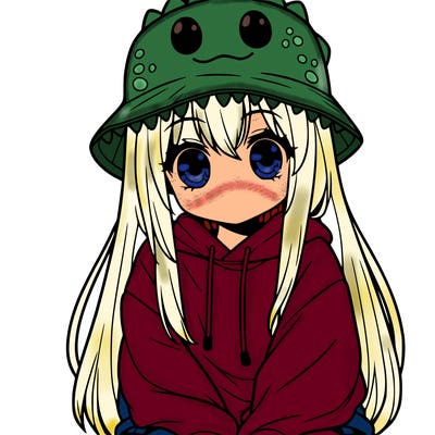girl with anime shaped eyes with a dinosaur bucket hat oversized sweatshirt long straight hair