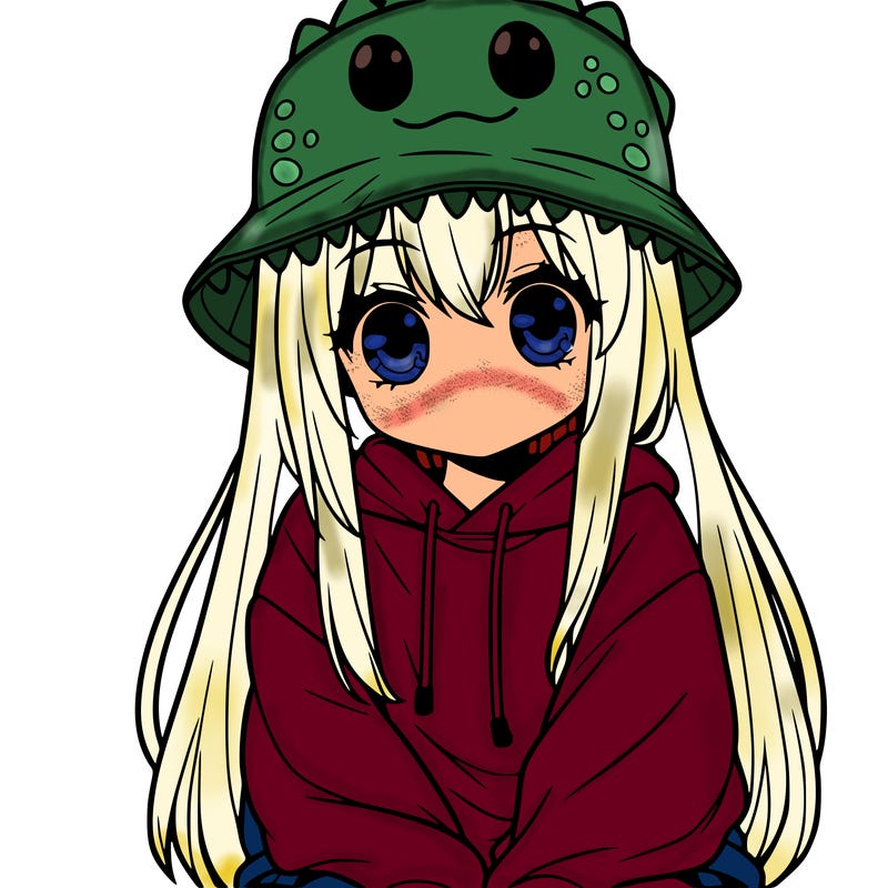 girl with anime shaped eyes with a dinosaur bucket hat oversized sweatshirt long straight hair