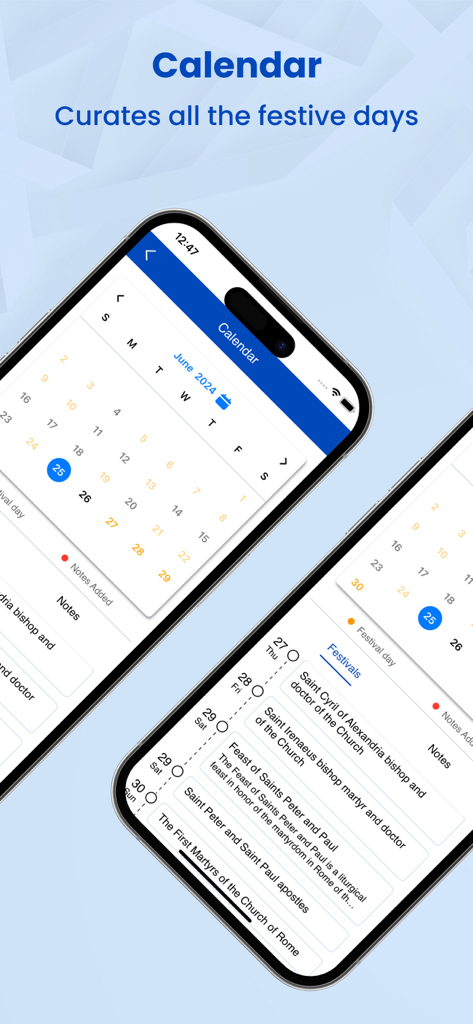 Easy-To-Read Holy Bible app calendar screen showing religious festive days and saints feasts.
