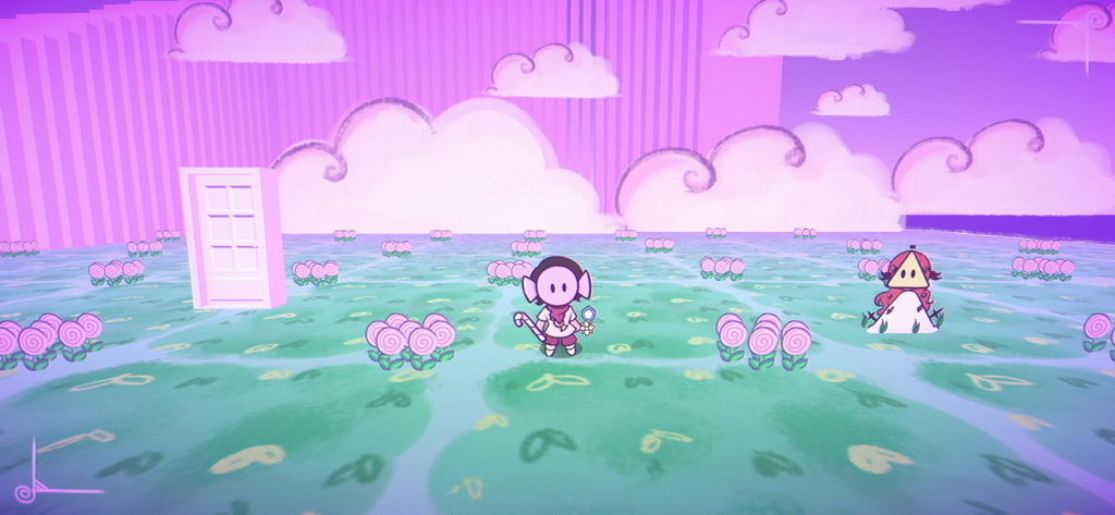 Sundy Stairway - Personaje de dibujos animados en un campo rosa onírico con una puerta blanca