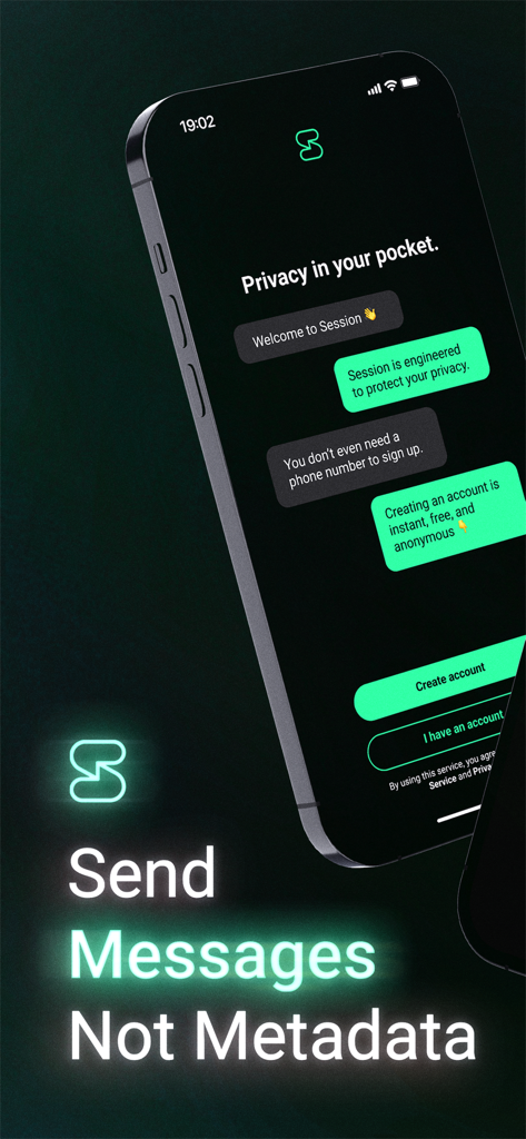 Interfaccia dell'app di messaggeria privata Session che mostra la creazione di account anonimi e la protezione dei metadati.