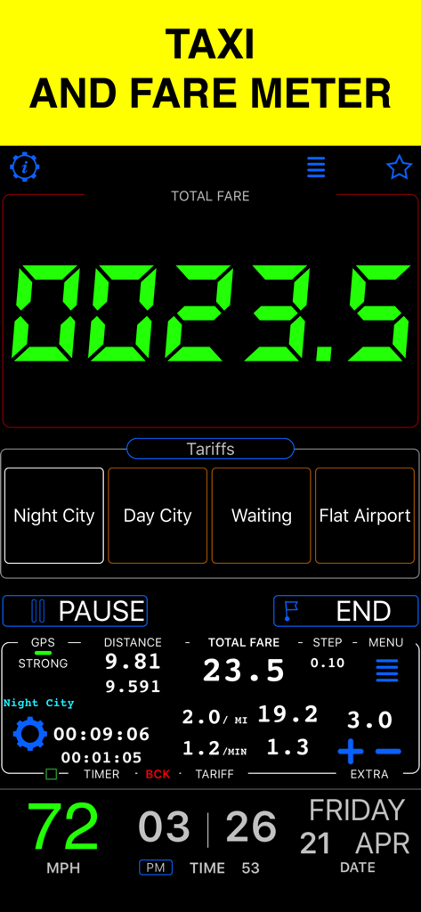 Digital dashboard of a taxi meter app showing real time fare calculation speed and trip distance