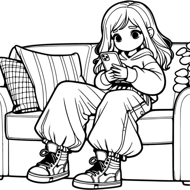 girl baggy pants on her phone on the couch