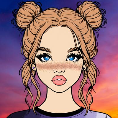 realistic girl with two buns in hair and lips