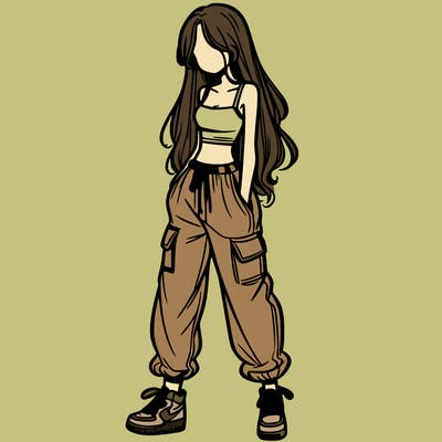 girl in baggy pants crop top and long hair