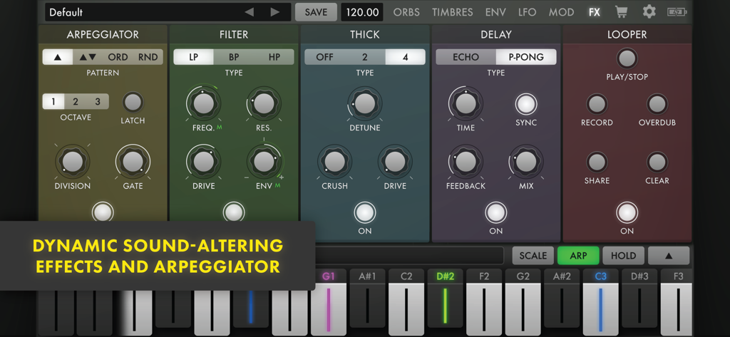 Animoog Z app interface displaying effects settings including arpeggiator filter thick delay and looper