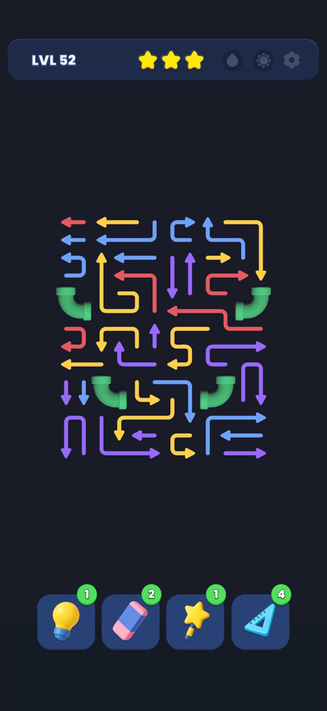 Arrow Out - Tela de jogabilidade do Arrow Out mostrando um nível de treinamento cerebral com setas direcionais e ferramentas de quebra-cabeça