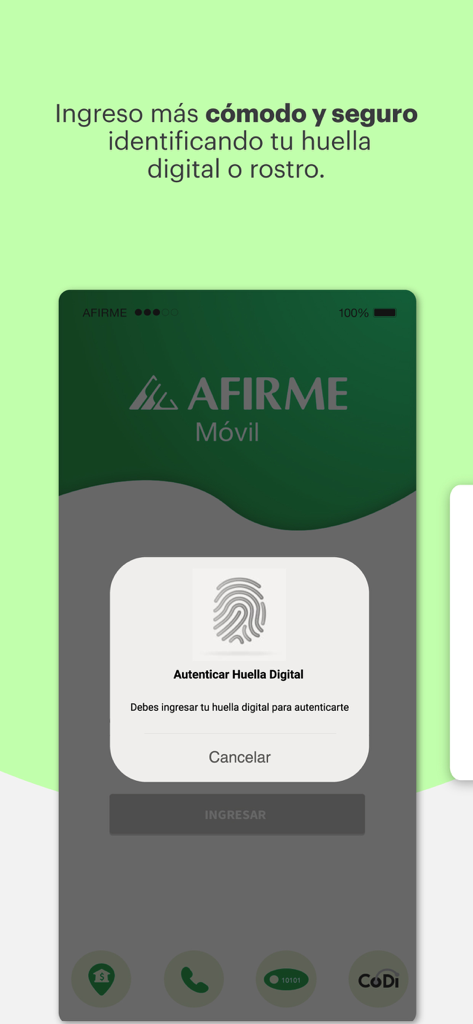 Afirme Móvil - Pantalla de inicio de sesión de la aplicación Afirme Movil mostrando autenticación biométrica de huellas dactilares para un acceso seguro