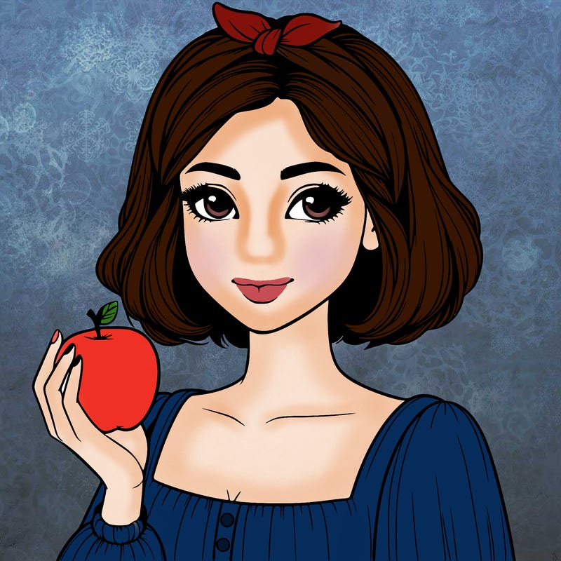 a woman with medium short hair, wearing a headband with a small bow, carrying an apple in her hand, realistic
