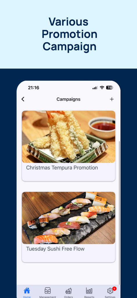 The campaigns screen of the vOrder app displaying restaurant promotions for tempura and sushi.