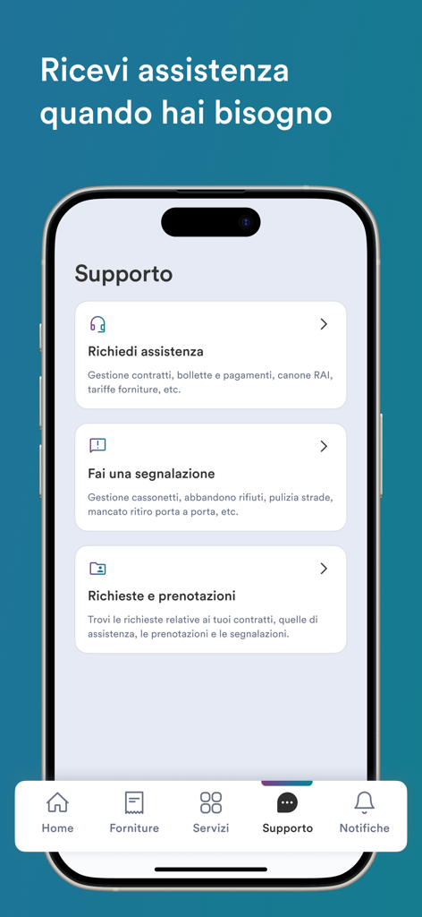 Interface of the My Hera app displaying support options for utility assistance and environmental reporting