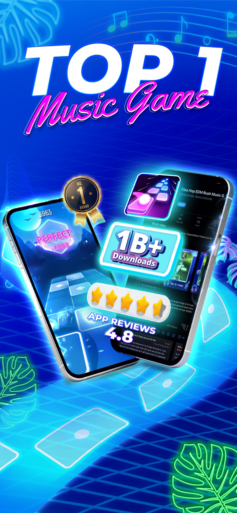 Tiles Hop: Music Ball Clash - Gráfico promocional de Tiles Hop Music Ball Clash con el ranking de Top 1 de juegos musicales y más de mil millones de descargas