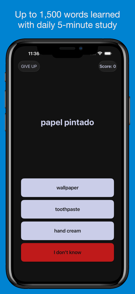 Pro - Basic Spanish Vocabulary - Interface of the Pro Basic Spanish Vocabulary app showing a multiple choice quiz for the word papel pintado.