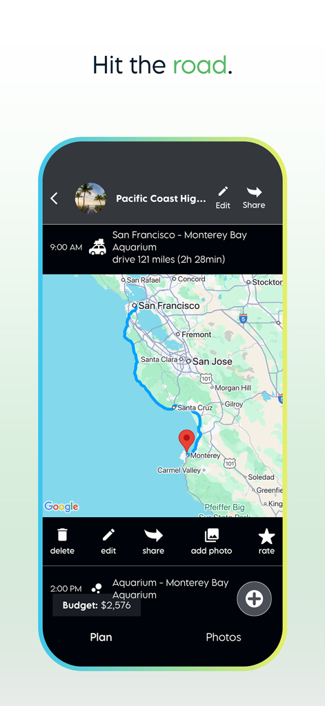 Plan WeGo - Travel Planner - Plan WeGo 모바일 앱은 샌프란시스코에서 몬테레이까지의 로드 트립 일정과 지도를 표시합니다.