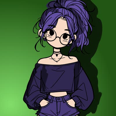 girl with a messy ponytail glasses a baggy crop top and jean shorts