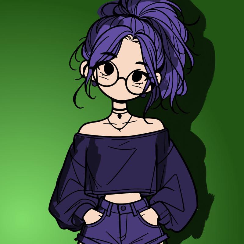 girl with a messy ponytail glasses a baggy crop top and jean shorts