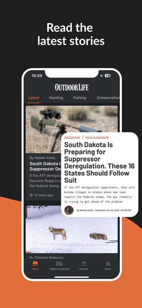 Outdoor Life - Outdoor Life app interface showing a feed of hunting and conservation news articles